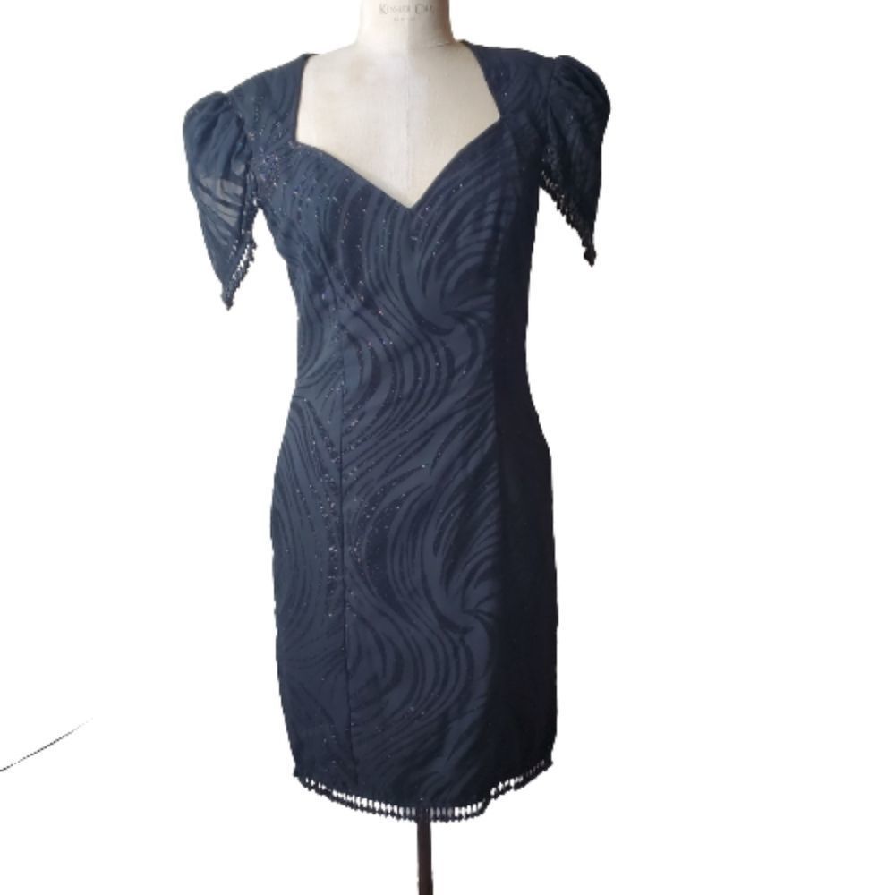 80's Sparkly Velvet Print Beaded Trim Dress by Legends  Judy Berger size 9/10